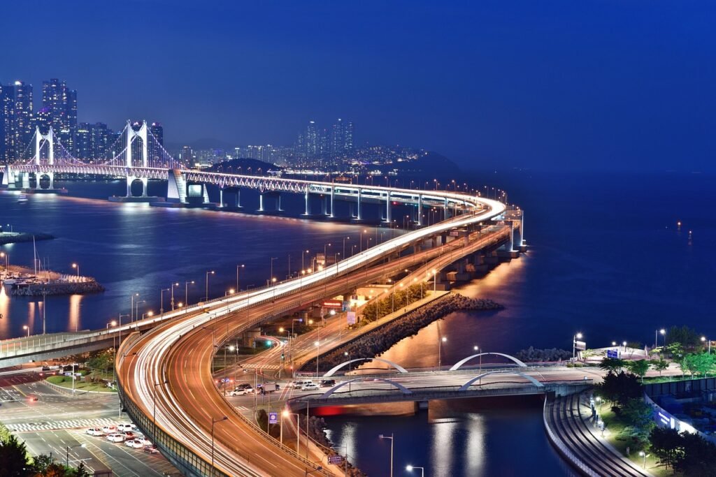 busan night scene, bridge, busan, night, gwangan bridge, sea, highway, korea, long exposure, blue sea, nature, blue ocean, blue night, blue bridge