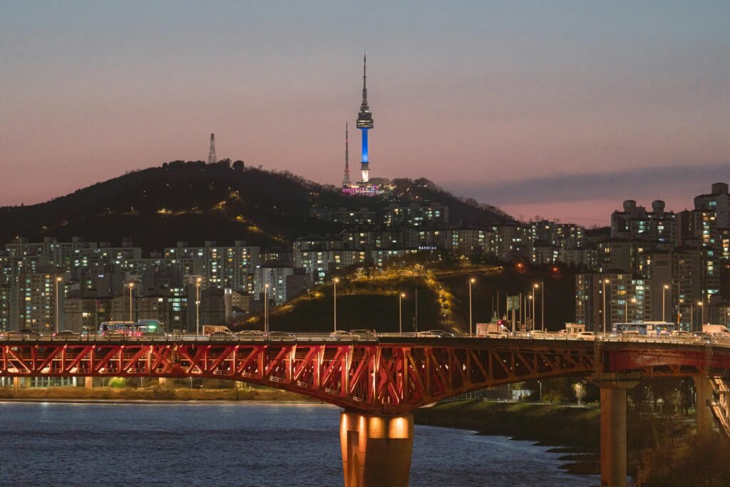 A stunning view of Seoul's skyline with the Namsan Tower illuminated at twilight.